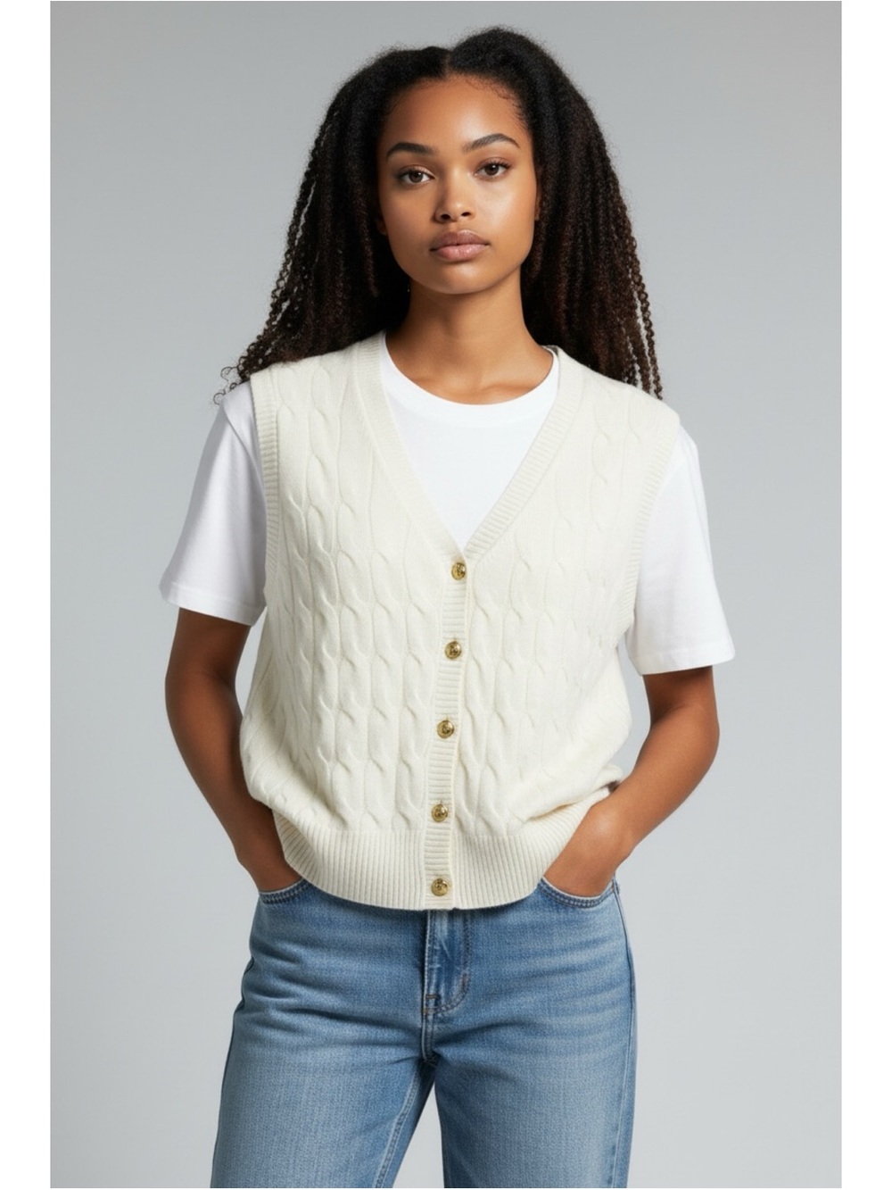 Joie 100% Cashmere Ivory Cable Knit Button Front Sweater Vest Size L